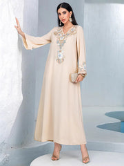 BA4120 apricot loose casual three-dimensional flower embroidered MUSILIN robe fashion dress