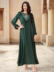 15153 dark green long-sleeved round neck ruffle edge hand-sewn bead large size clothing