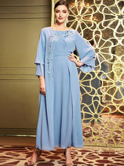 BA3047 Cross-border Middle East fashion hand-sewn diamond asymmetrical double-layer chiffon dress