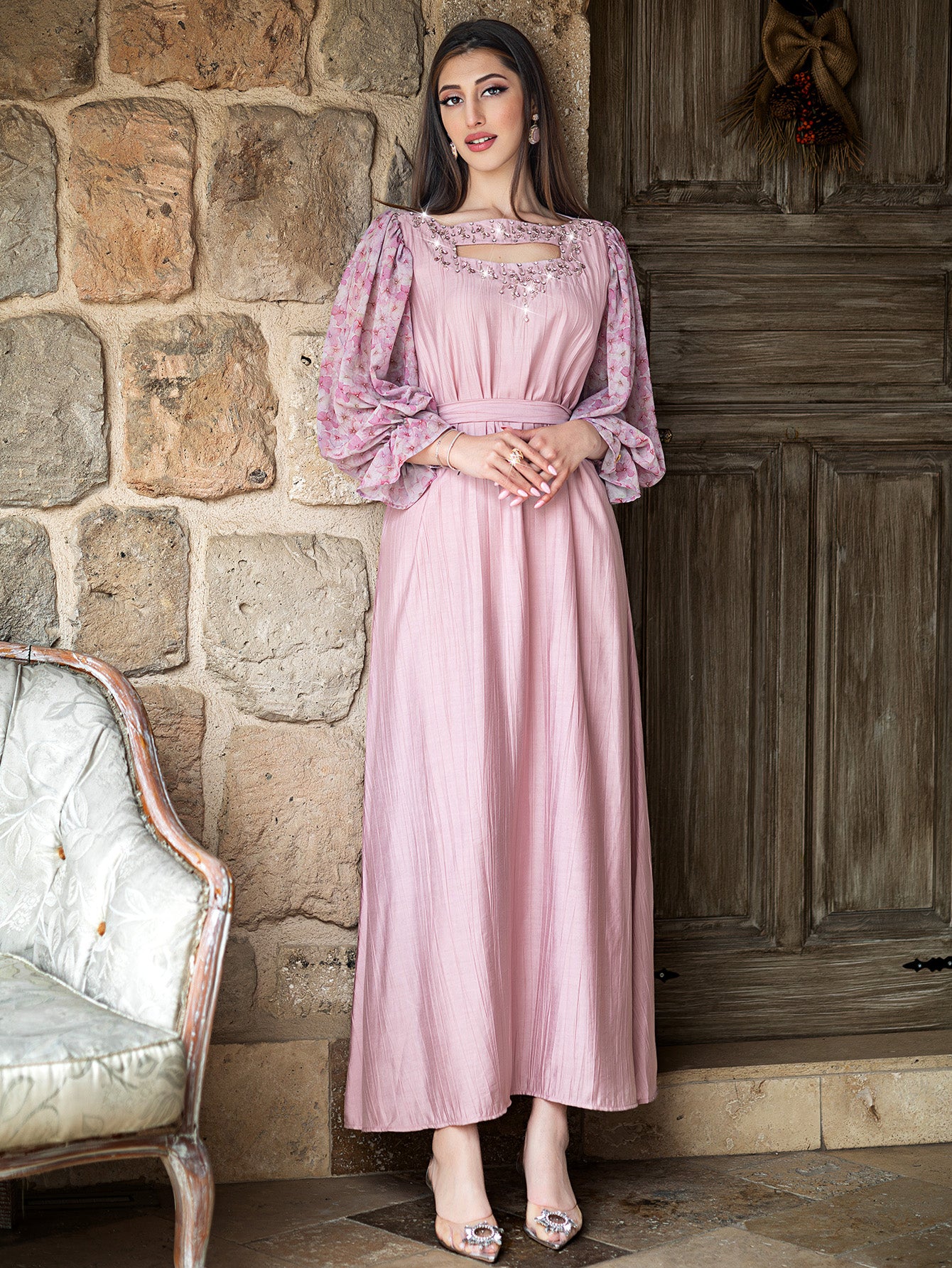 15014 high-end glass-inlaid diamond women's clothing splicing chiffon lantern sleeve A-shaped long dress