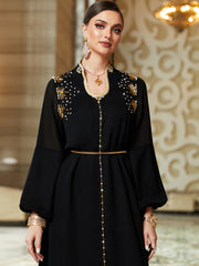 3132 Black Middle Eastern Style Embroidered Sequins Lantern Sleeve Maxi Dress - Elegant Gold Decorated Long Dress
