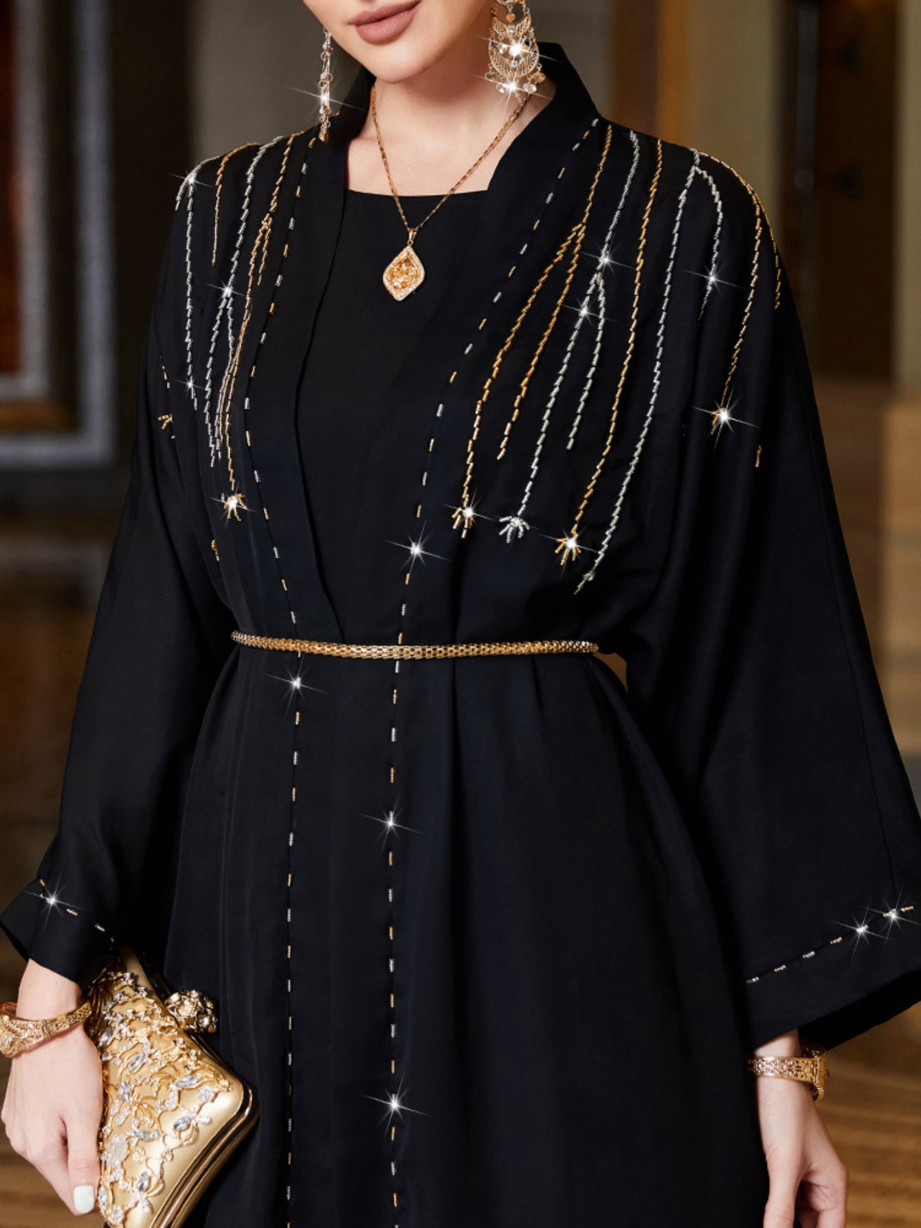 3135 black outer hand-sewn rice bead satin robe, spot cardigan