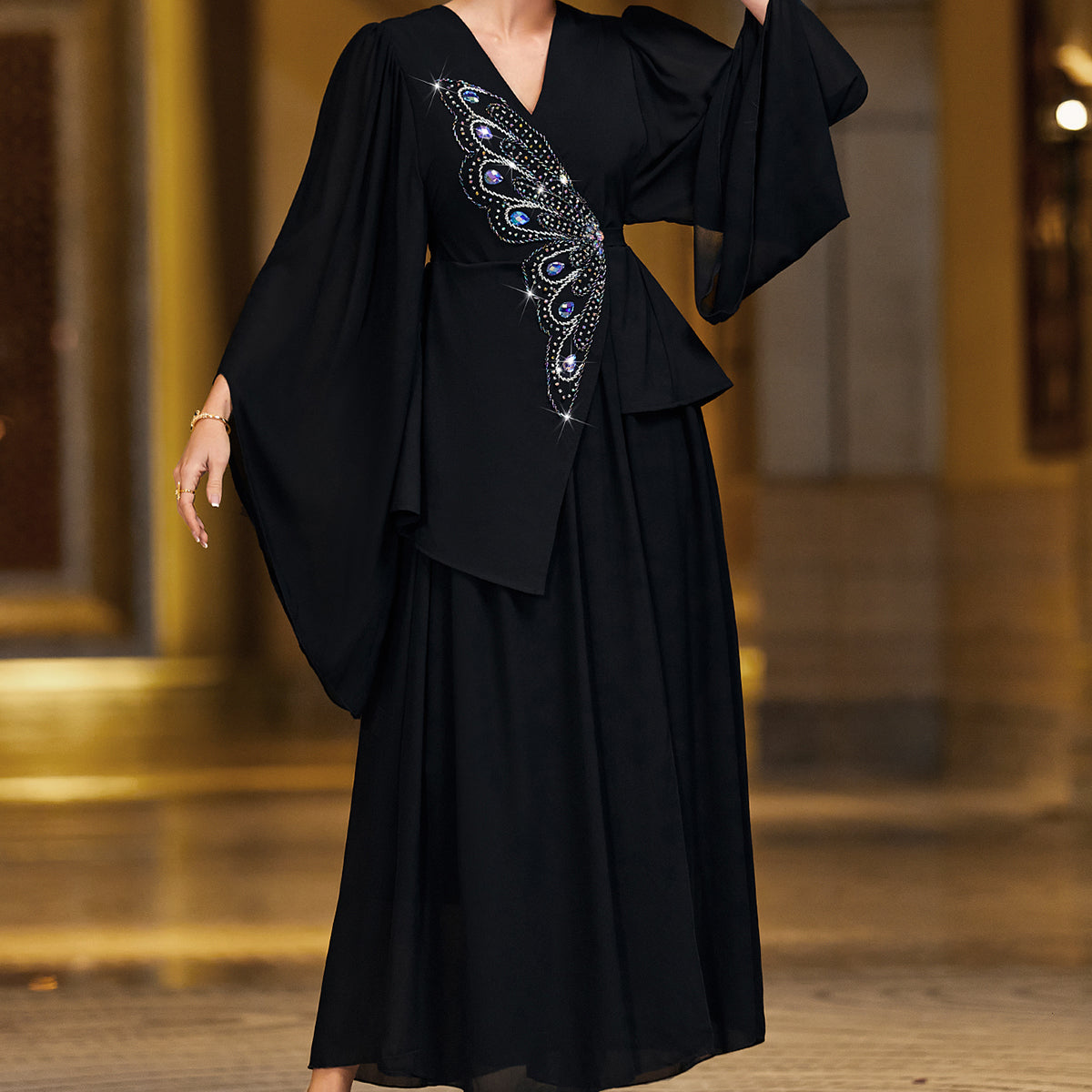 4147 Black Butterfly Handmade Nailed Diamond Wrap Dress Middle East Fashion Arabian Dress