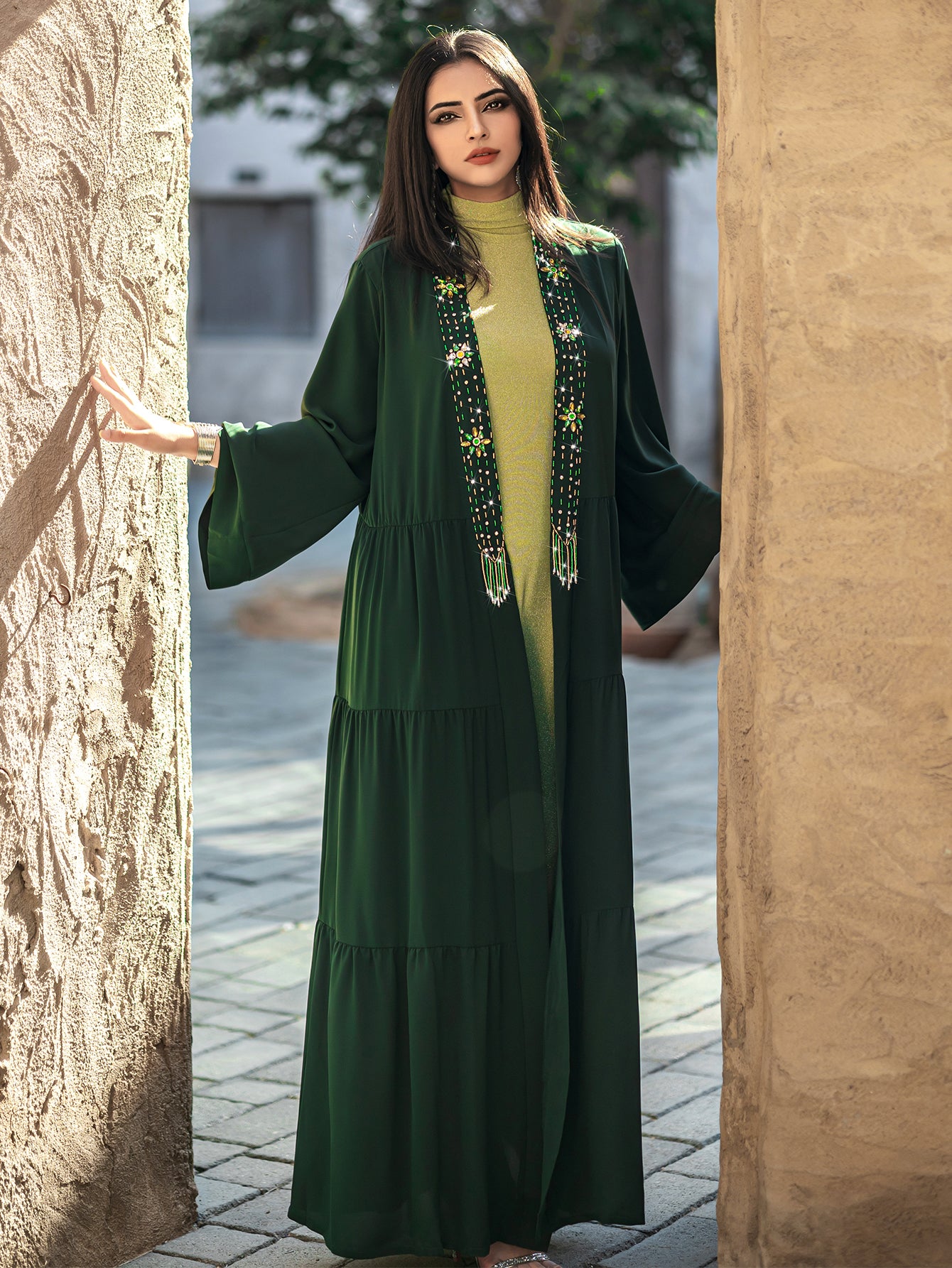 4079 Middle Eastern Style Dark Green Green Two-Piece Set - Colorful Embroidered Tassel Long Cardigan Dress & Inner Gown