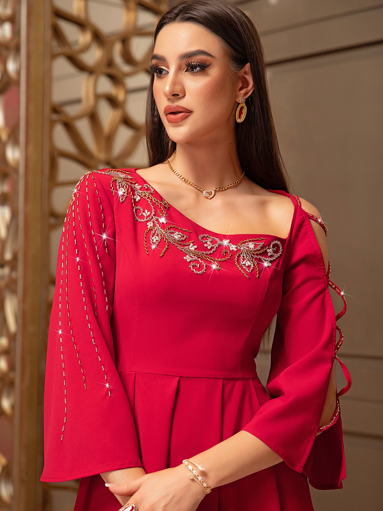 4017 Hand-Swen Bead Embellshments Rhinestone Long Abaya,  Elegant Rmantic Glamorous Vacation Fantasy Long Sleeve
