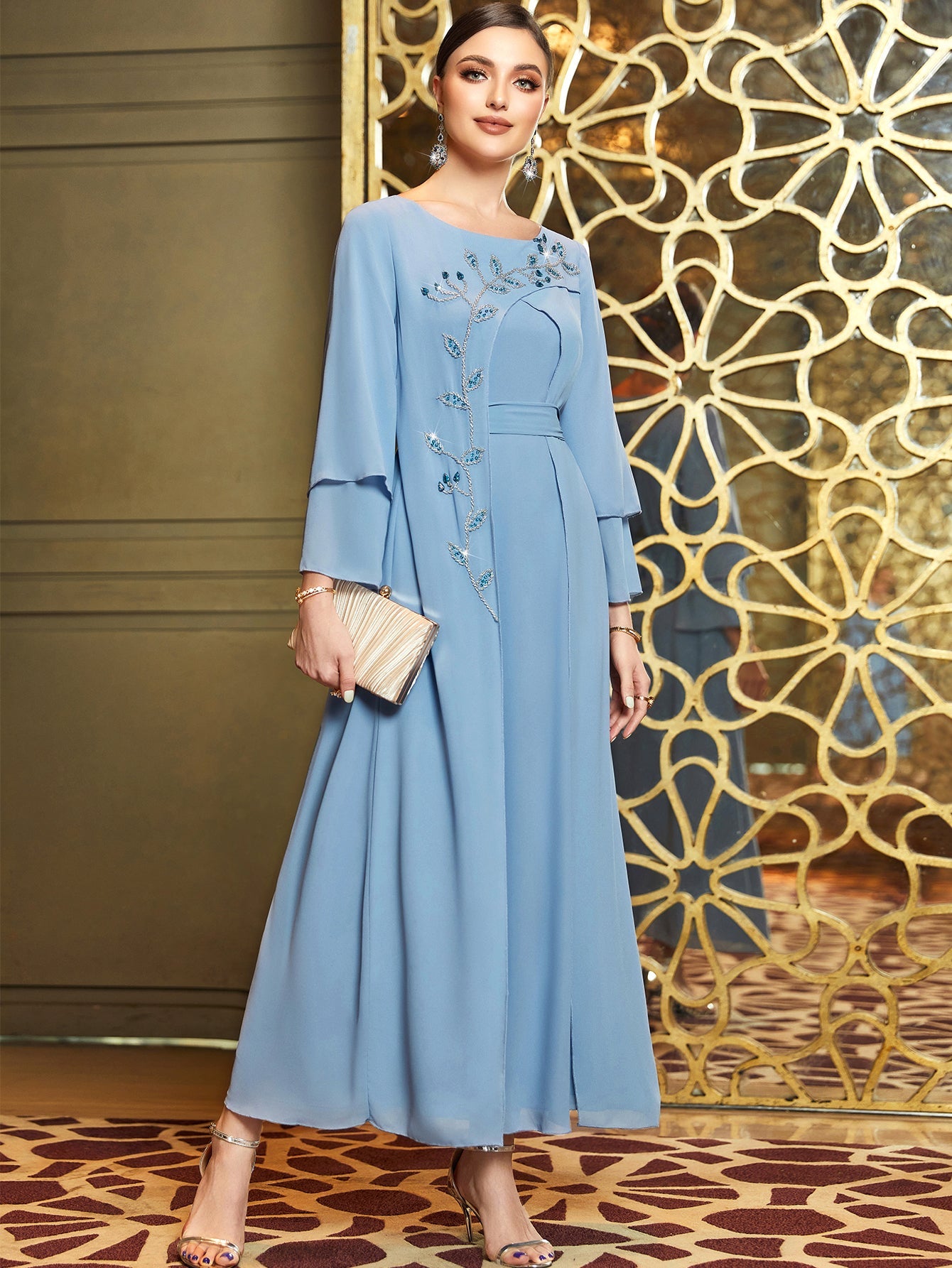 BA3047 Blue Rhinestone Asymmetric Layered Dress