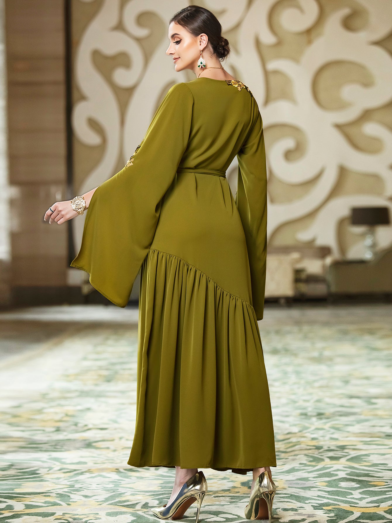 BA3048 Army Green Embroidered Long-Sleeve Dress