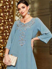 3033 Elegant embroidered diamond-set, light blue mid-eastern wind loose robe dress