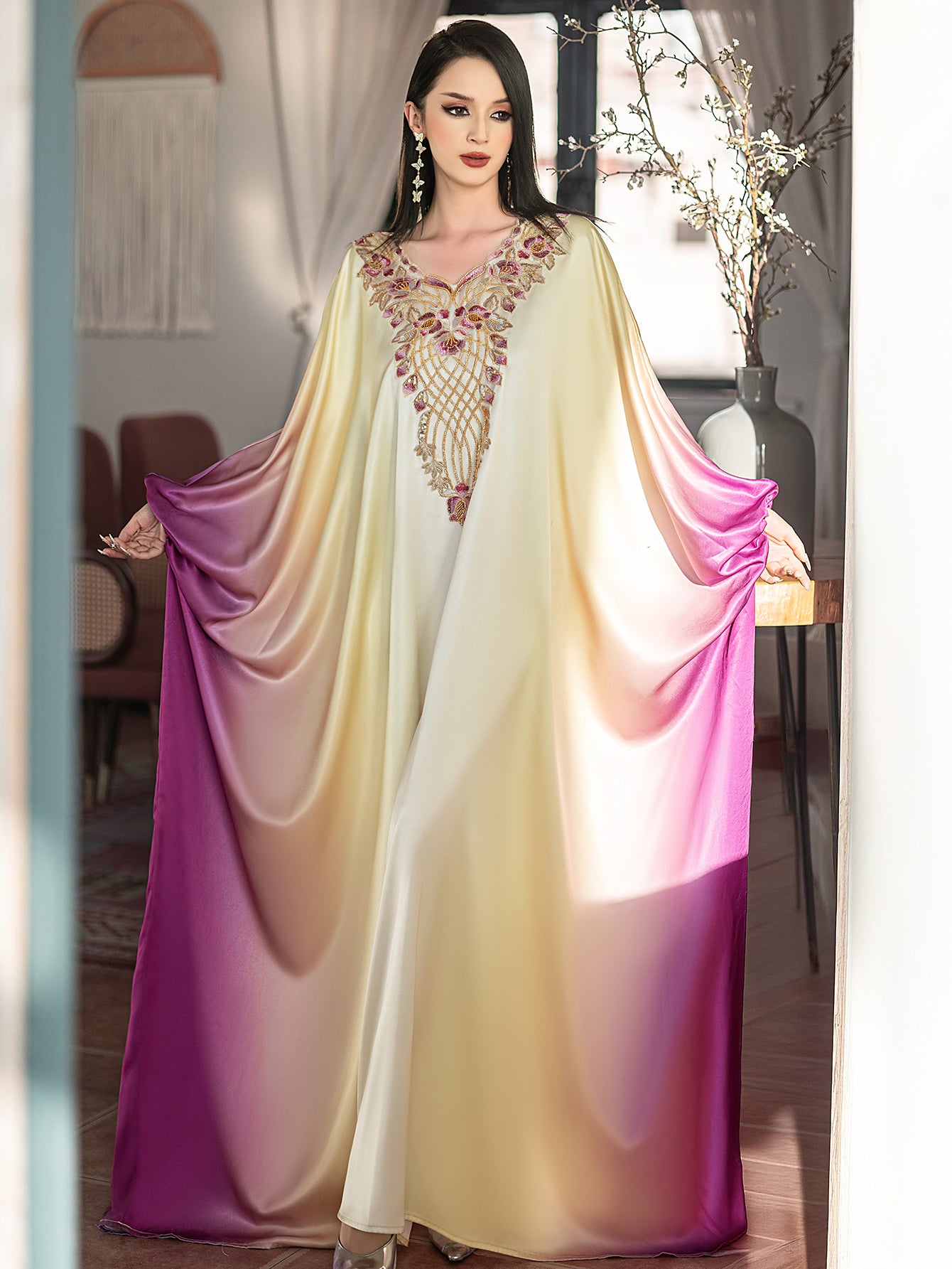 5208Arabic Ombre Abaya Dress | Gold Embroidery V-Neck Gown for Evening Events