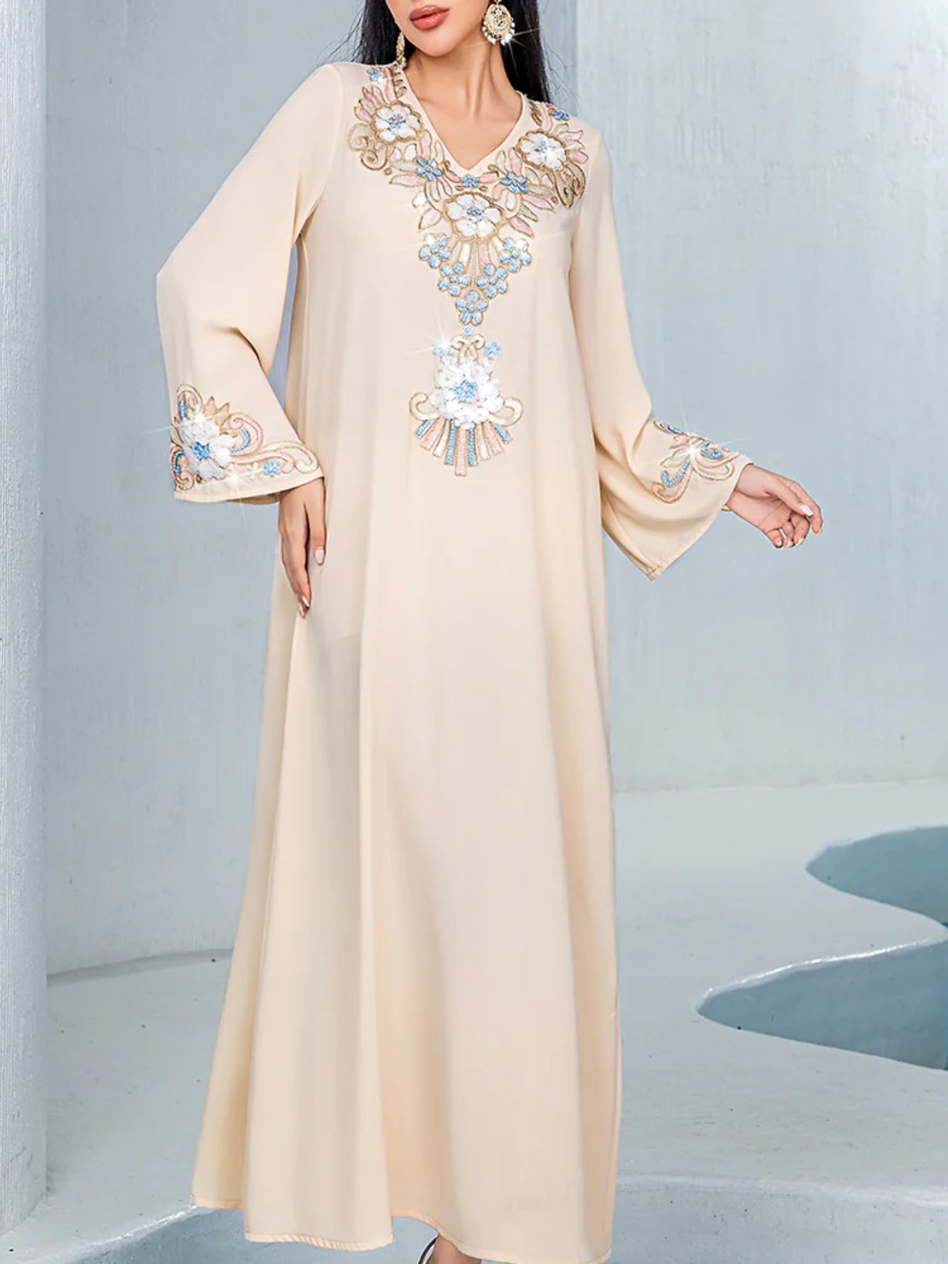 BA4120 apricot loose casual three-dimensional flower embroidered MUSILIN robe fashion dress