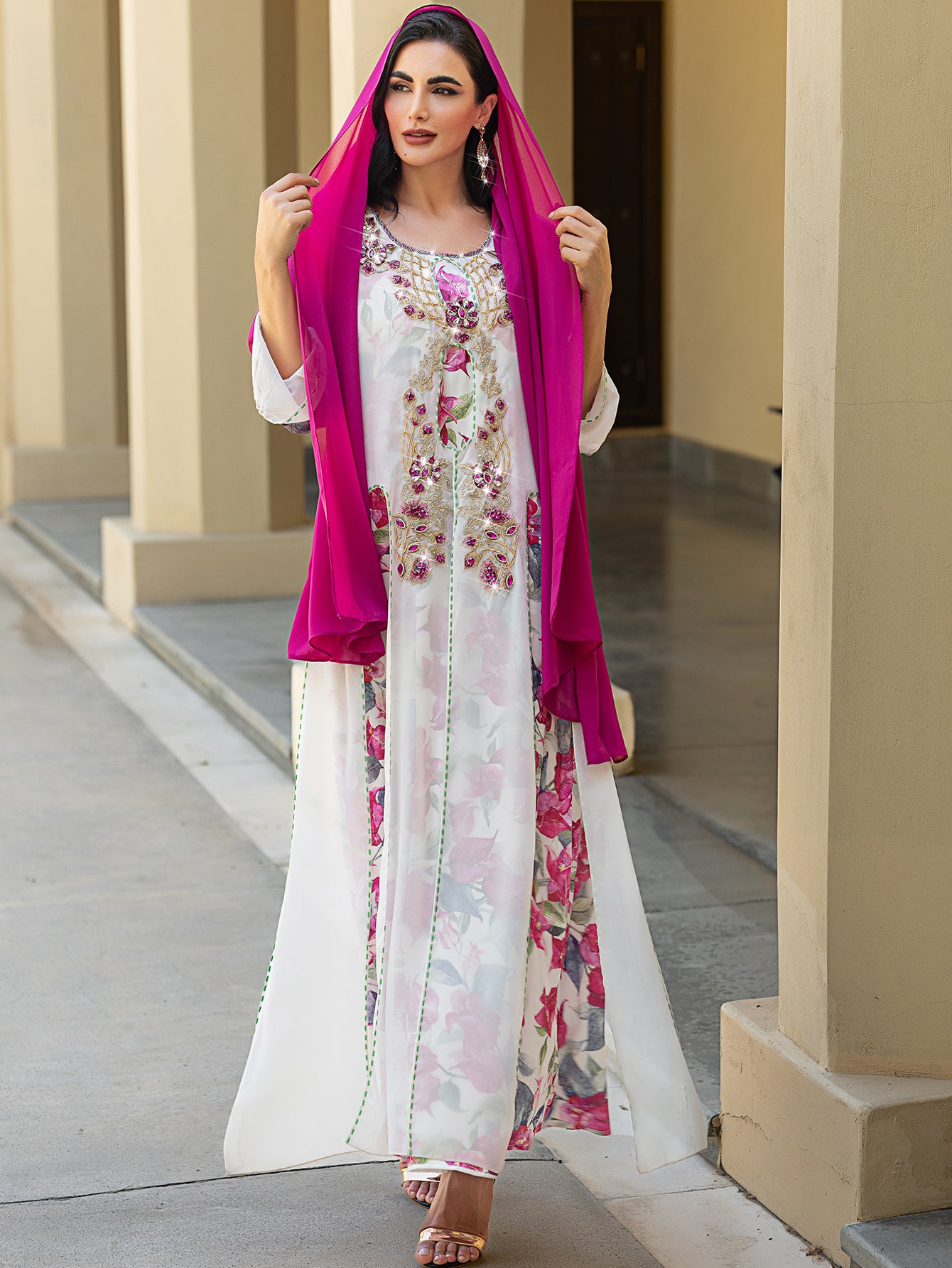 15065 Middle Eastern robe, hand-sewn diamond Dubai Arabian print robe dress