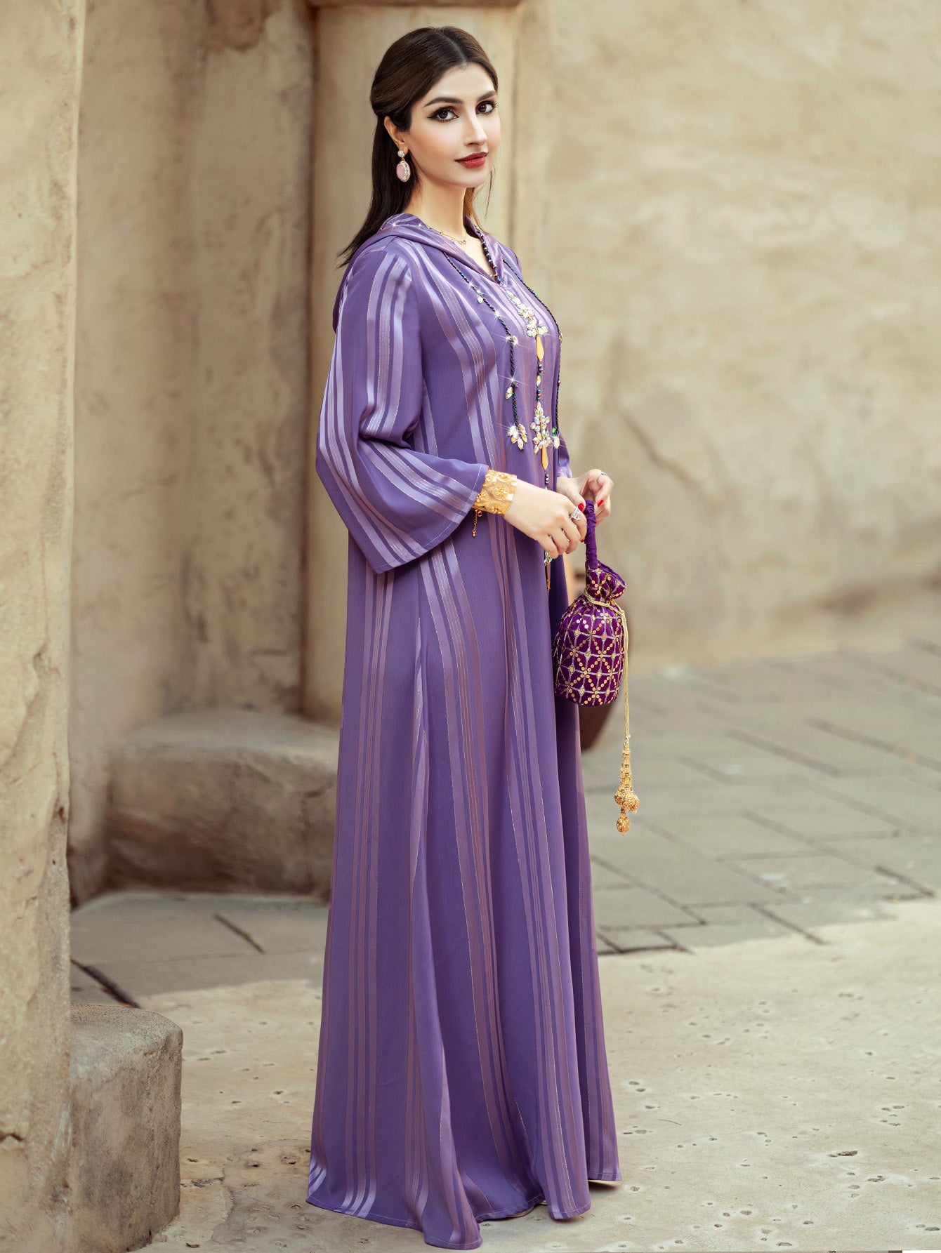 4139 Middle Eastern Style Purple Striped Rhinestone Bead Embellished Bell Sleeves Maxi Dress - Elegant Decorated Abaya Gown