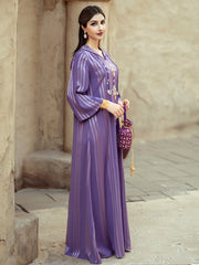 4139 Middle Eastern Style Purple Striped Rhinestone Bead Embellished Bell Sleeves Maxi Dress - Elegant Decorated Abaya Gown