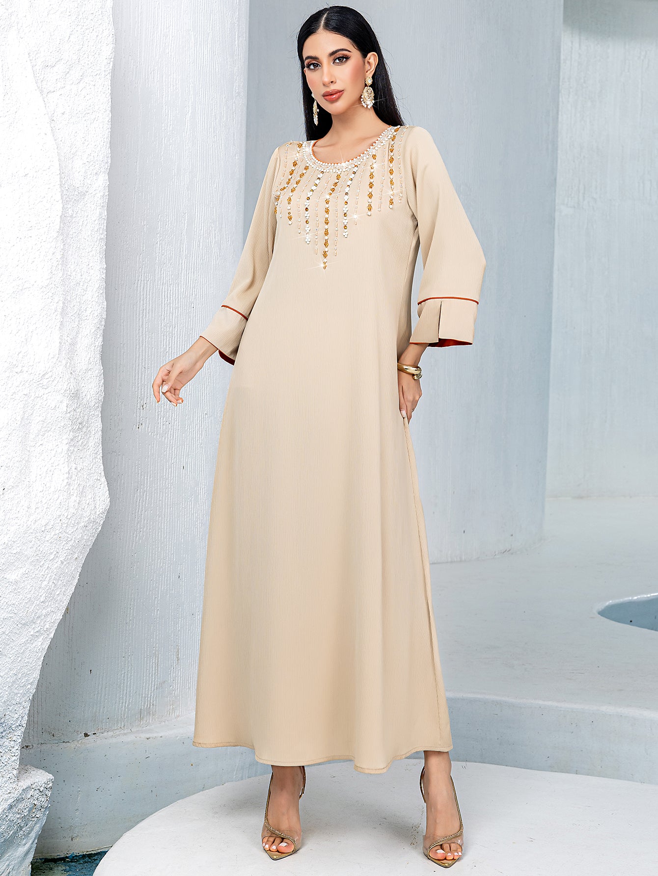 5239Beige Arabic Abaya Dress | Gold Beaded V-Neck Gown with Red Trim & Bell Sleeves for Evening