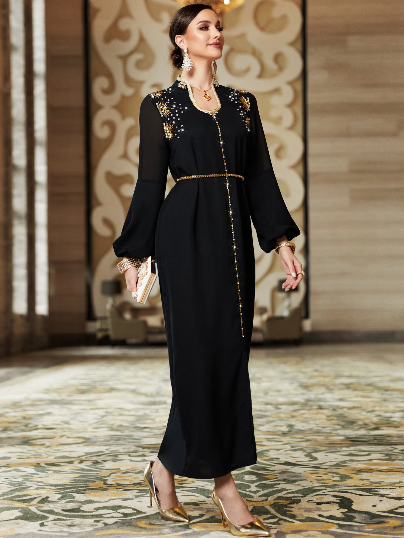 3132 Black Middle Eastern Style Embroidered Sequins Lantern Sleeve Maxi Dress - Elegant Gold Decorated Long Dress