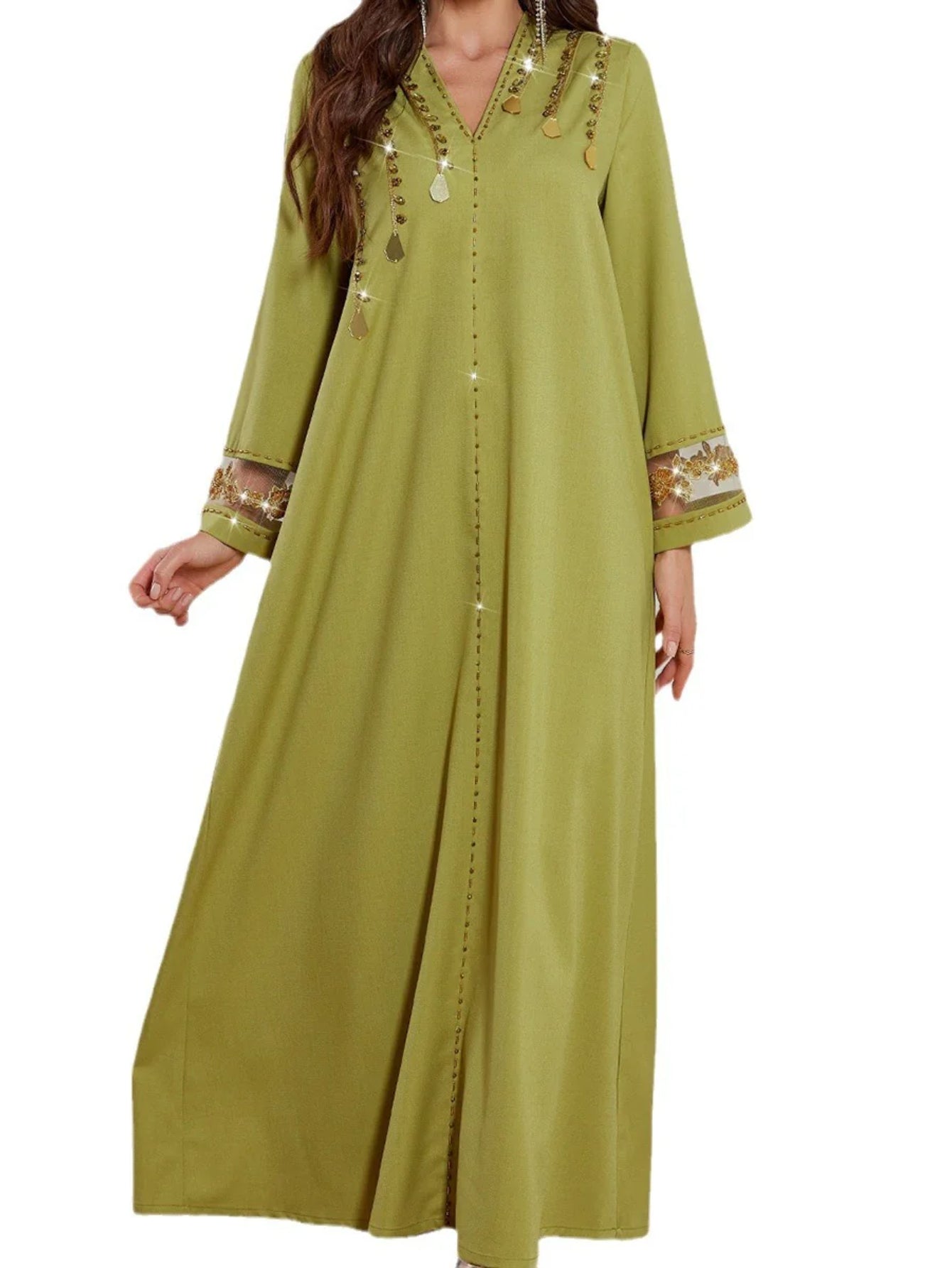 BA4153 Qiuxiang green linen lace rust bead hand-sewn diamond dress Middle East