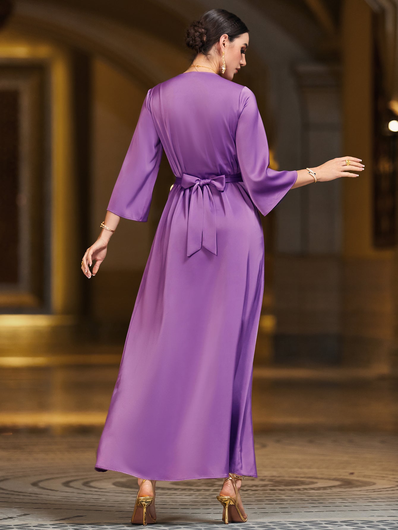 4060 Middle Eastern Style Purple Pink Contrast Embroidered Sequin 3/4 Sleeves Maxi Dress - Elegant Floral Decorated Long Gown