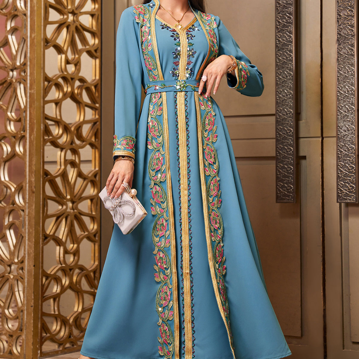 4007 Middle Eastern Style Embroidered Floral Blue Maxi Dress - Elegant Gold-Trimmed Long Sleeve Gown