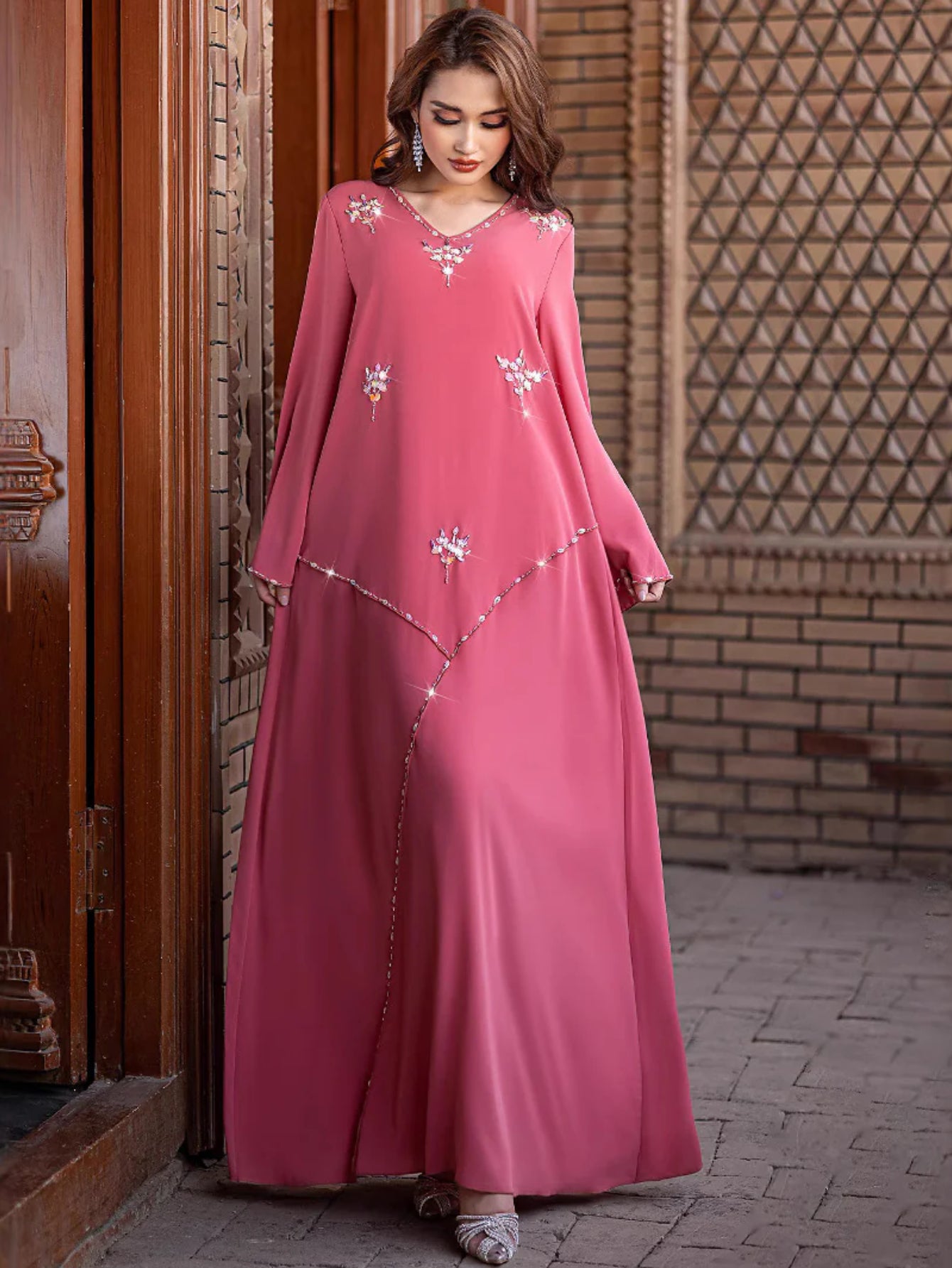 15196 Dubai, Saudi Arabia Fashion Handmade Nailed Diamond Dress, Summer Chiffon Robe Middle East Women's Clothing