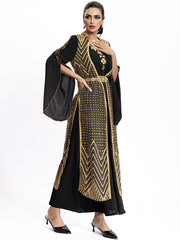 4036 Middle Eastern Style Black Gold Embroidered Pseudotwo-Piece Maxi Dress - Flared Sleeves Belted Elegant Gown