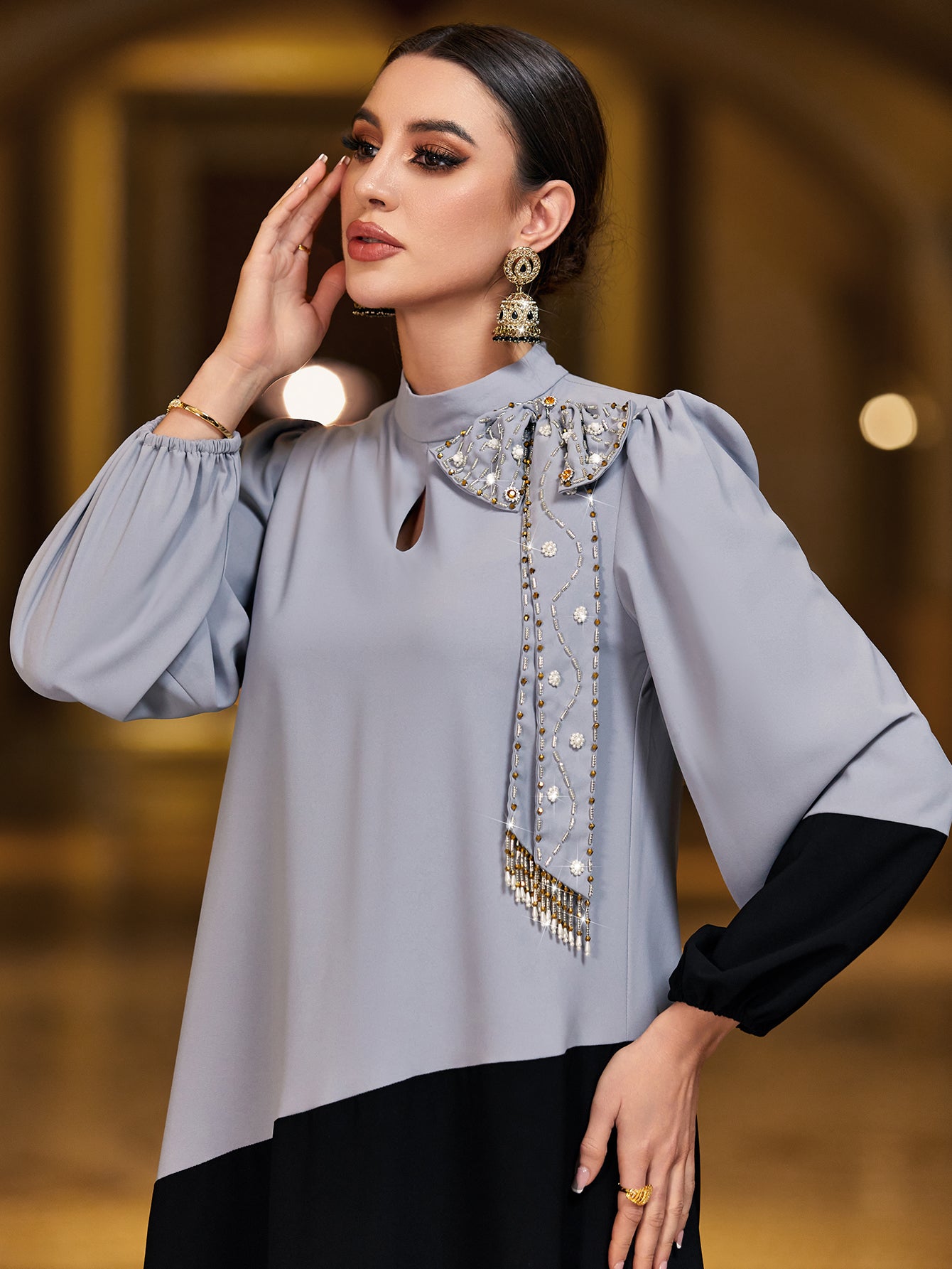 4071 Middle Eastern Style Grey Black Colorblock Sequin Embellished Puff Sleeve Maxi Dress - Elegant Belted Asymmetrical Gown