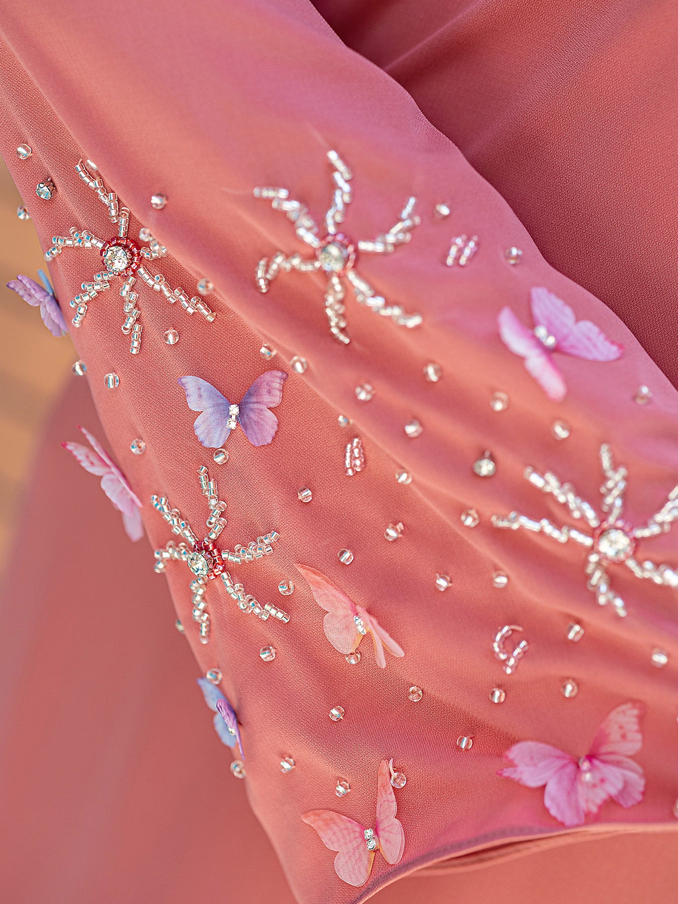 15179 Glamorous Coral Red Abaya Dress – Tassel Beadwork & Waist-Tie Design, Perfect for Festive Events & Grand Occasions