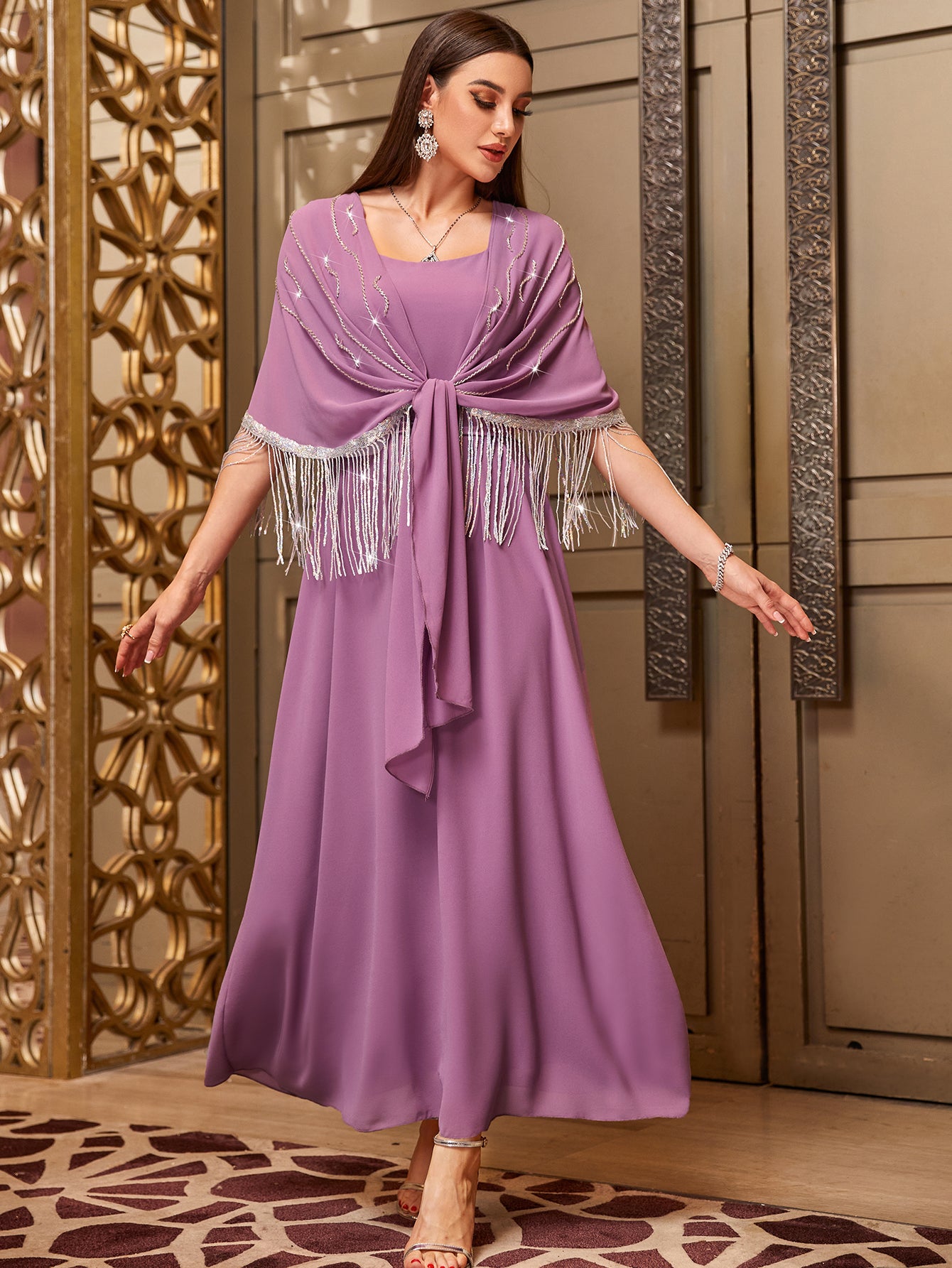 4020 Middle Eastern Style Purple Sparkling Embellished Tassel Maxi Dress - Elegant Fringed Flowy Long Gown