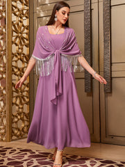 4020 Middle Eastern Style Purple Sparkling Embellished Tassel Maxi Dress - Elegant Fringed Flowy Long Gown