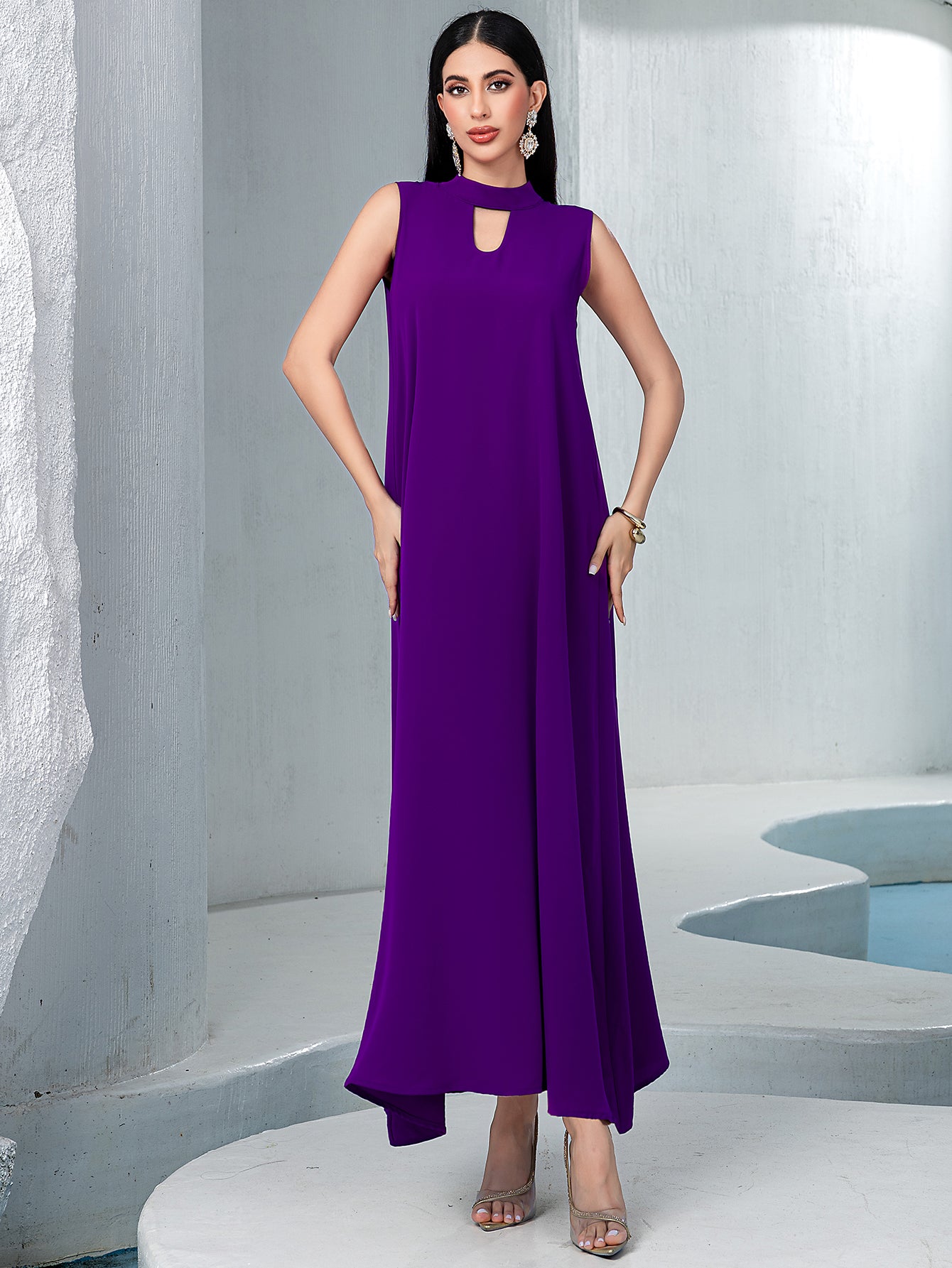 5142Two-Piece Purple & Blue Embroidered Dress Set | Floral Overlay Top with Beaded V-Neck & Slimming Belt