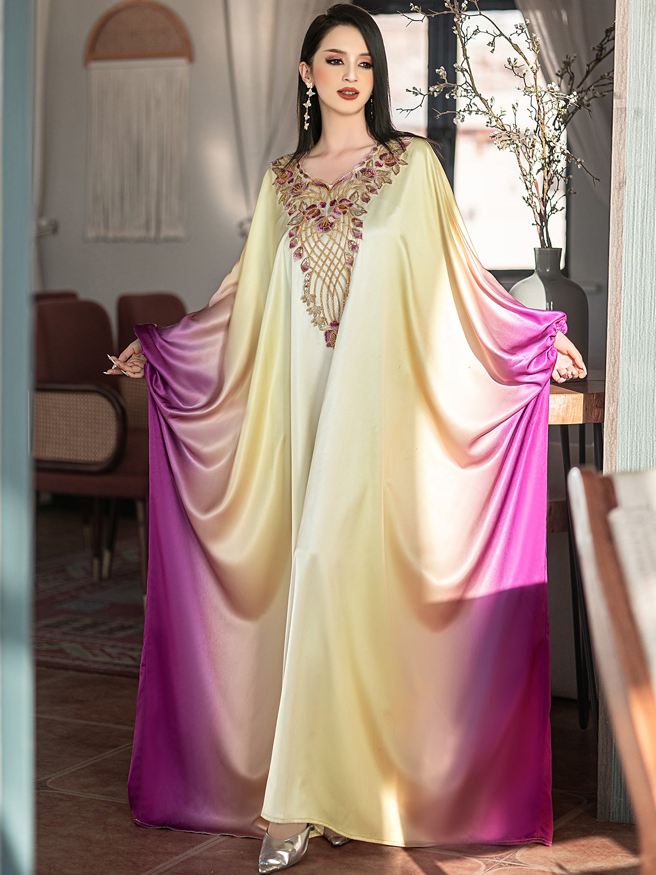 5208Arabic Ombre Abaya Dress | Gold Embroidery V-Neck Gown for Evening Events