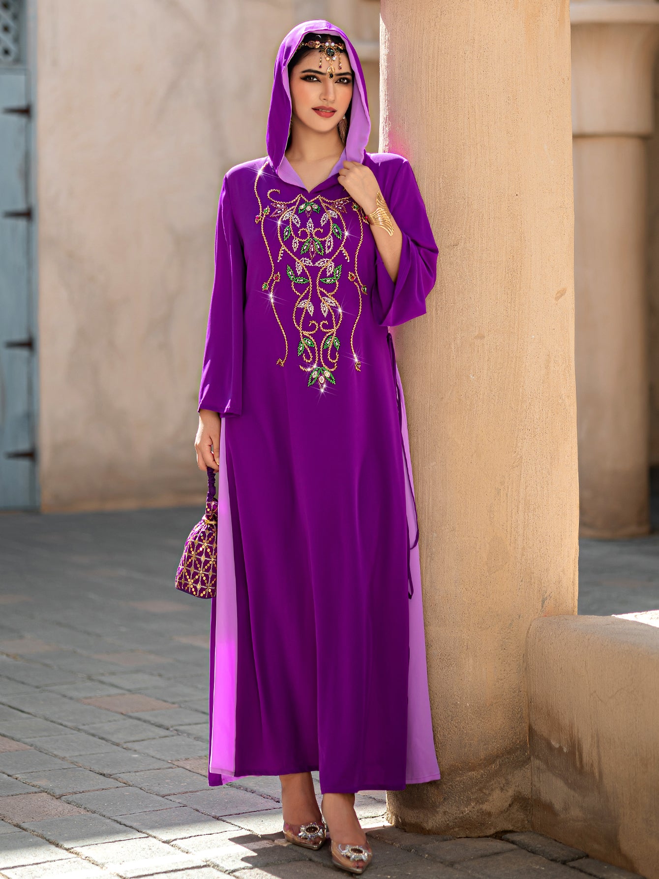 4008 Middle Eastern Style Purple Embroidered Hooded Maxi Dress - Sparkling Gold Green Decorated Long Gown
