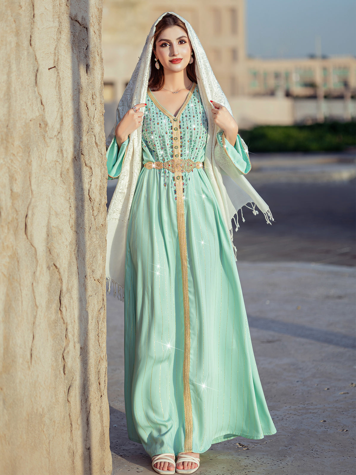 4138 Middle Eastern Style Light Green Gold Rhinestone Bead Embellished Belted Long Sleeve Maxi Dress - Elegant Decorated Gown