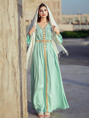 4138 Middle Eastern Style Light Green Gold Rhinestone Bead Embellished Belted Long Sleeve Maxi Dress - Elegant Decorated Gown