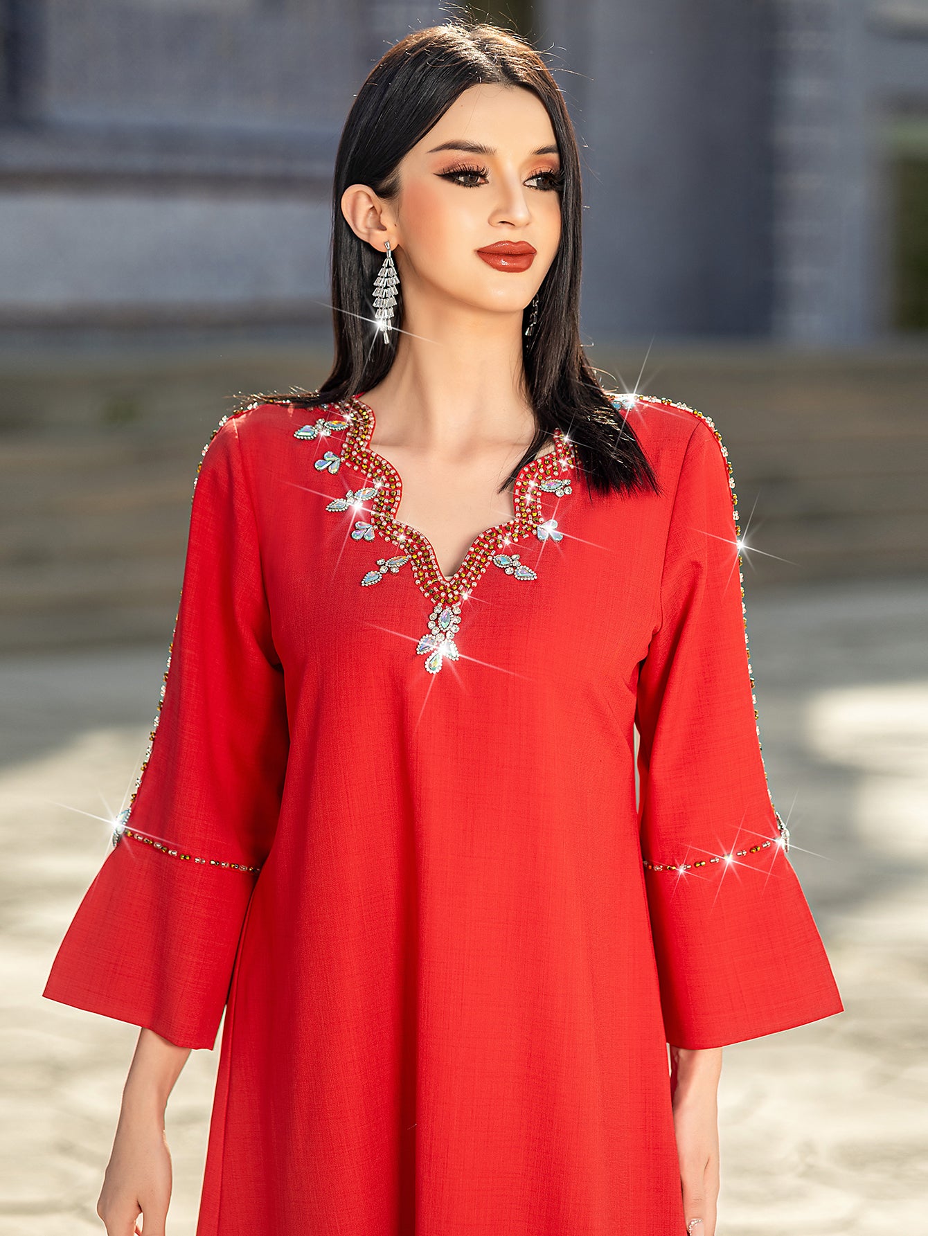 5202Scarlet Beaded Arabic Abaya Dress | V-Neck Bell Sleeves Evening Gown with Crystal Fringe & Embroidery