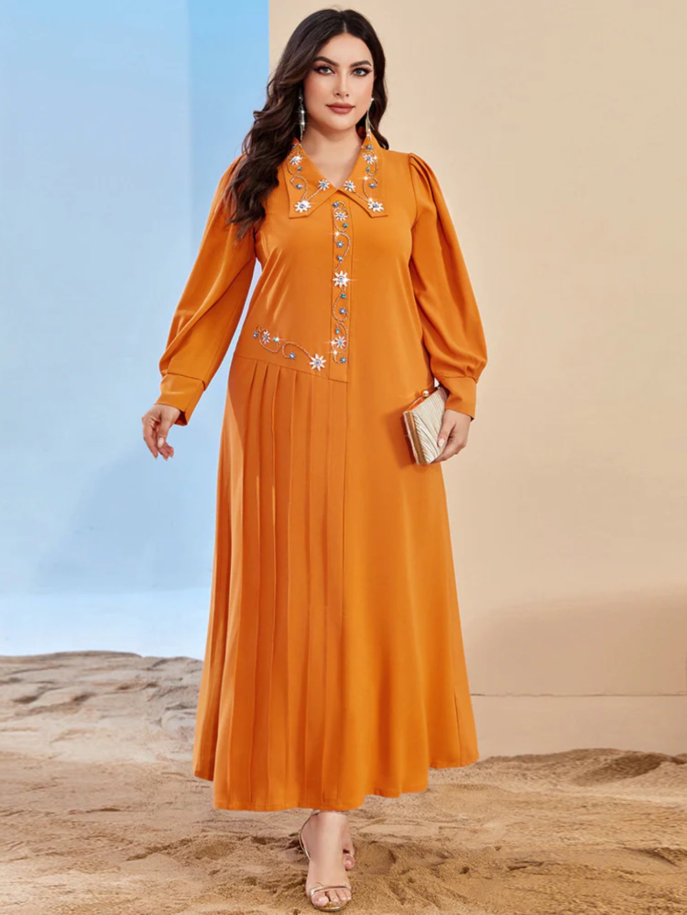 BA3140 cross-border new hand-sewn diamond lapel dress, Amazon AliExpress hot sale, Middle East women's long dress