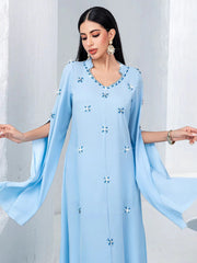 15133 new light blue super long-sleeved hand-sewn glass rhinestone dress Middle East women's clothing spot
