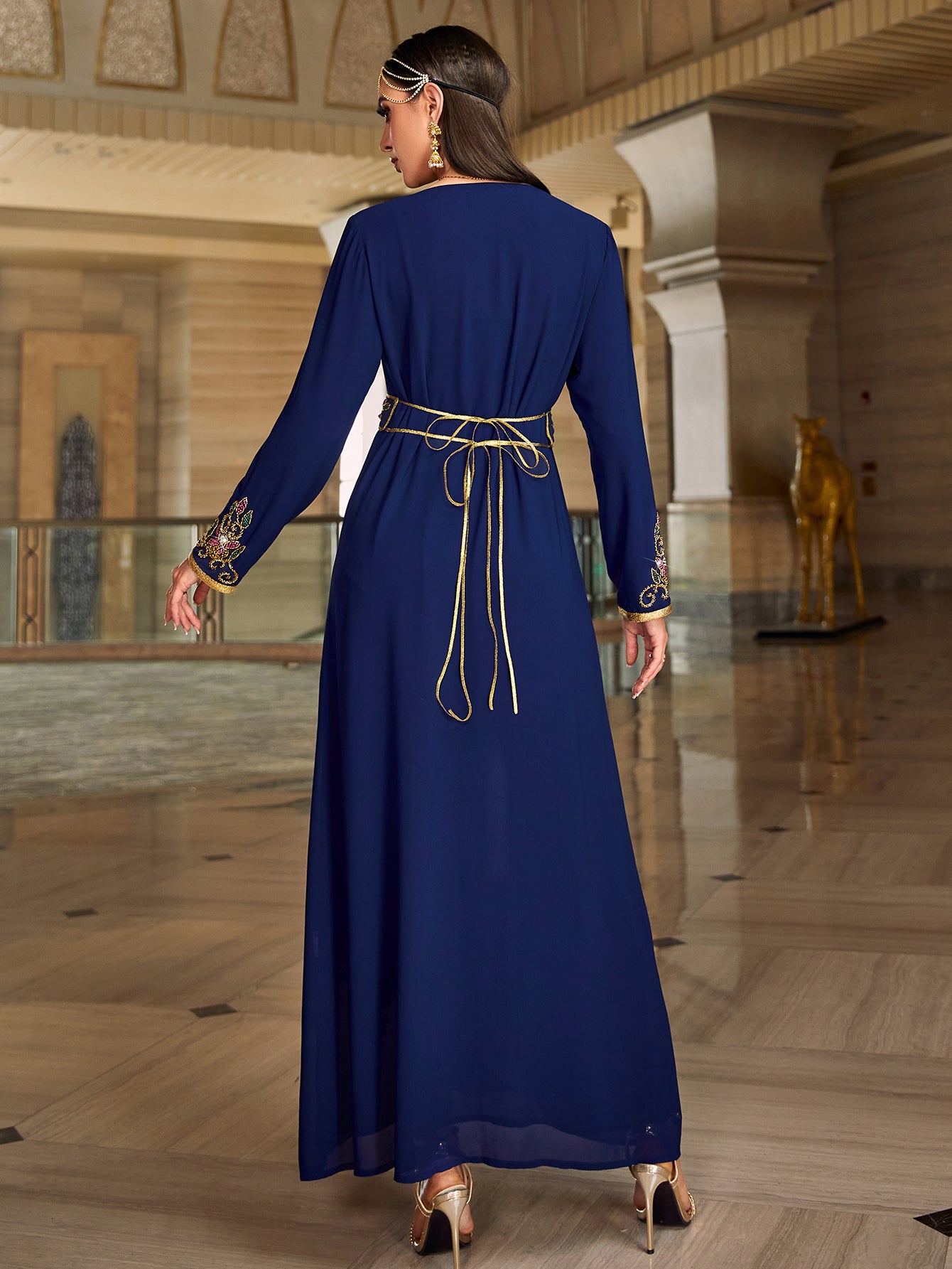 4067 Middle Eastern Style Navy Blue Gold-Trimmed Floral Embroidered Long Sleeve Maxi Dress - Elegant Belted Gown