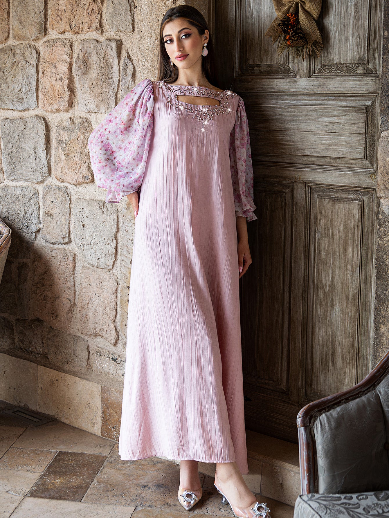 15014 high-end glass-inlaid diamond women's clothing splicing chiffon lantern sleeve A-shaped long dress