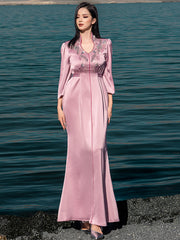 5197Silk Gown with Crystal Embroidery | Lavender Bohemian Dress for Slimming Evening Elegance