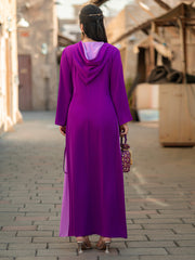 4008 Middle Eastern Style Purple Embroidered Hooded Maxi Dress - Sparkling Gold Green Decorated Long Gown