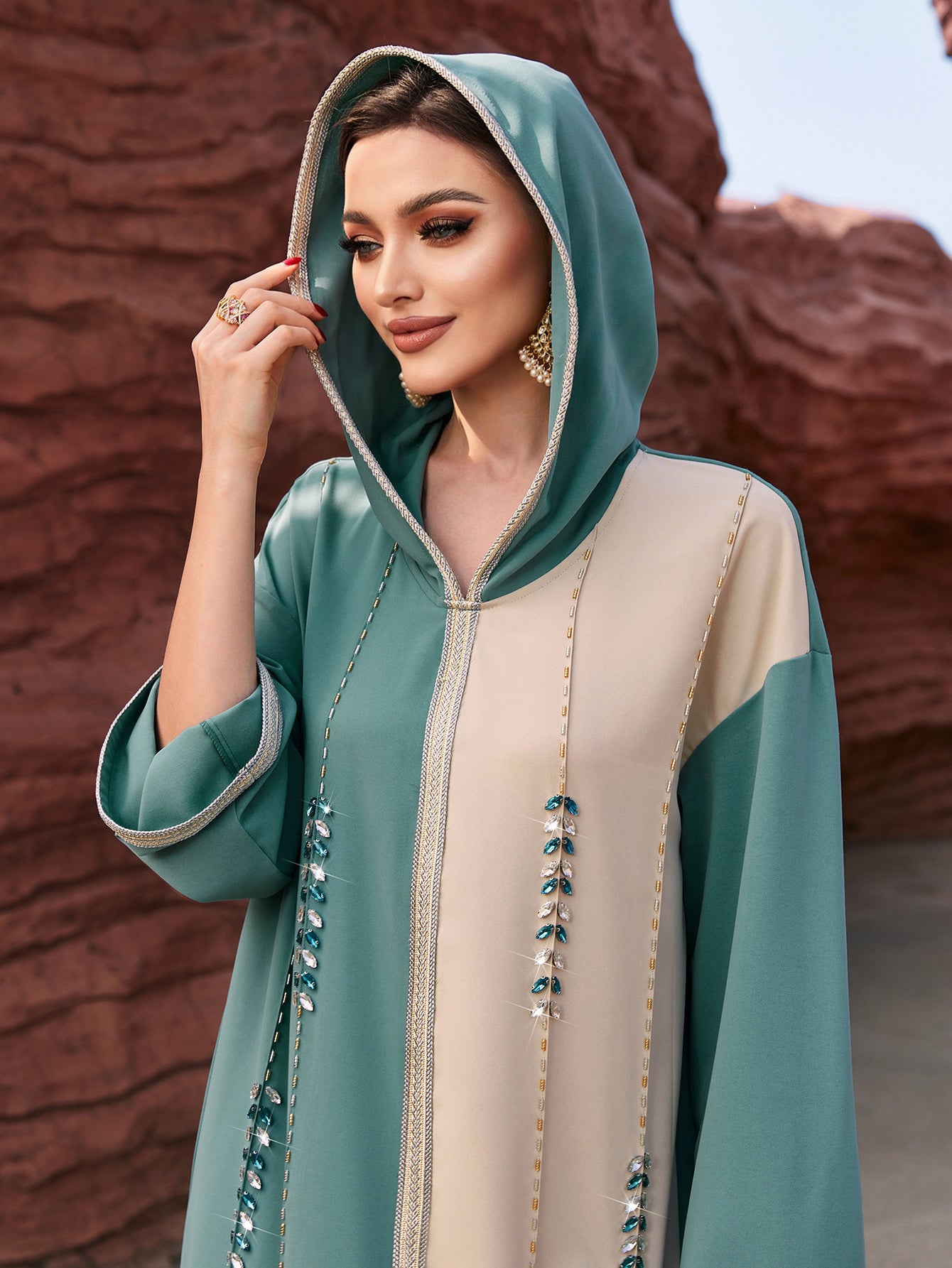 4012 Middle Eastern Style Color-Block Hooded Maxi Dress - Turquoise Beige Embellished Long Gown