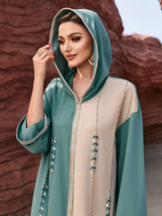 4012 Middle Eastern Style Color-Block Hooded Maxi Dress - Turquoise Beige Embellished Long Gown