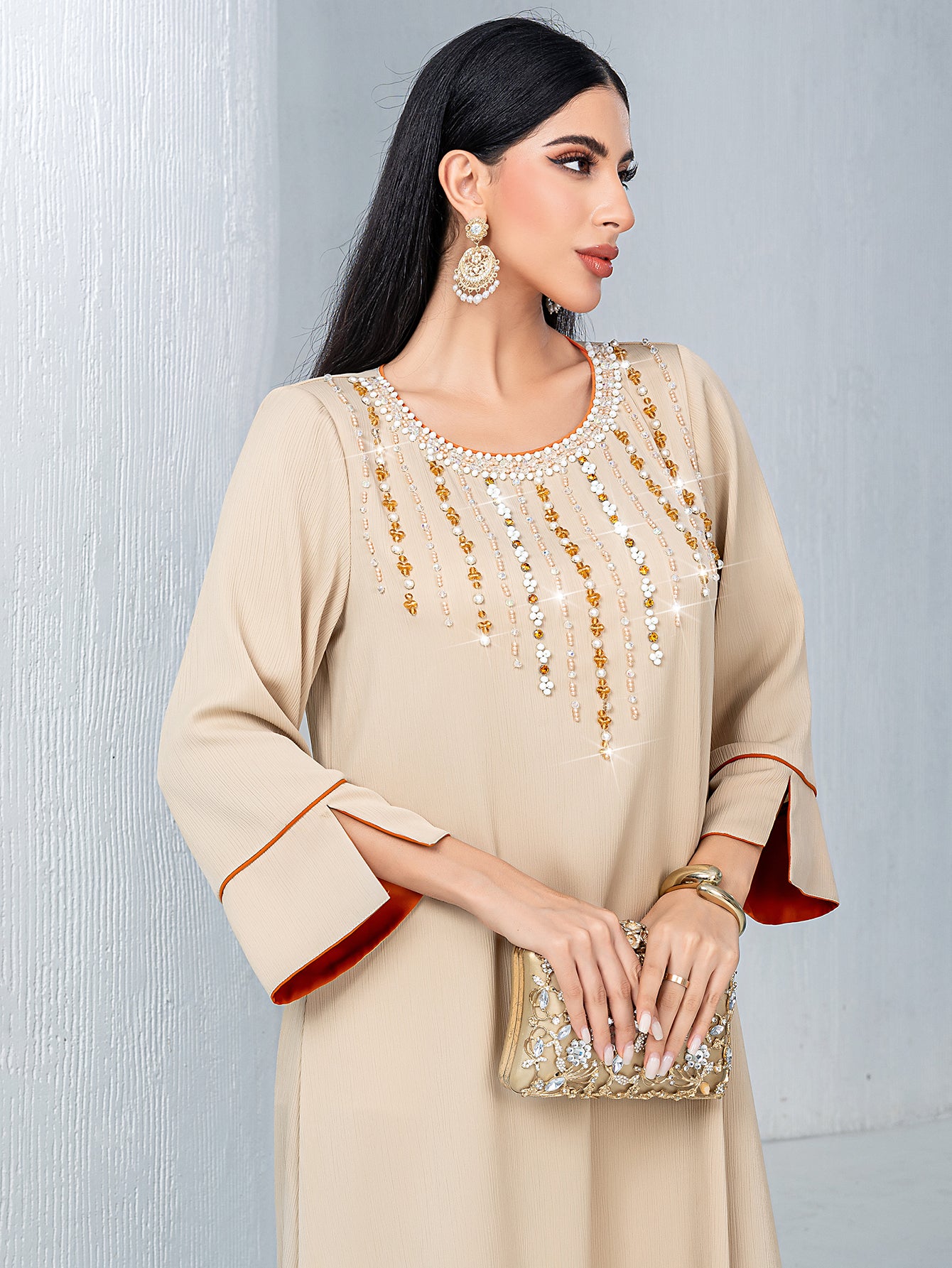 5239Beige Arabic Abaya Dress | Gold Beaded V-Neck Gown with Red Trim & Bell Sleeves for Evening