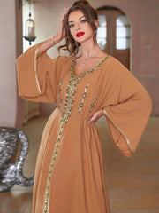 BA7061 Khaki Hand Stitched Diamond Middle East South East Asia Travel Sleeve Dress, Robe abaya