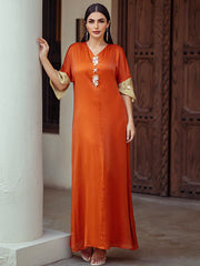 5060Arabic Abaya Dress | Orange Gold-Embroidered V-Neck Gown for Special Occasions