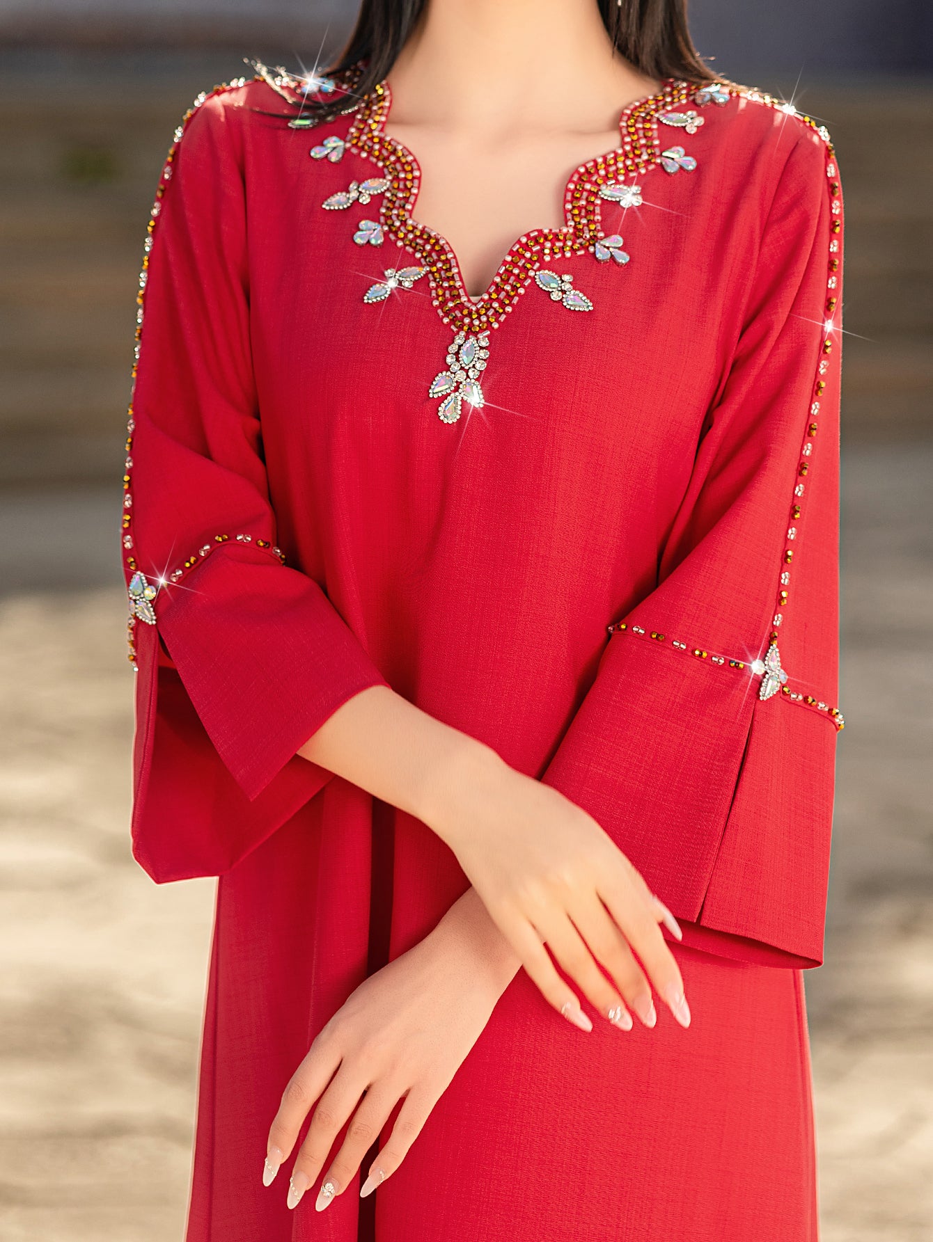 5202Scarlet Beaded Arabic Abaya Dress | V-Neck Bell Sleeves Evening Gown with Crystal Fringe & Embroidery
