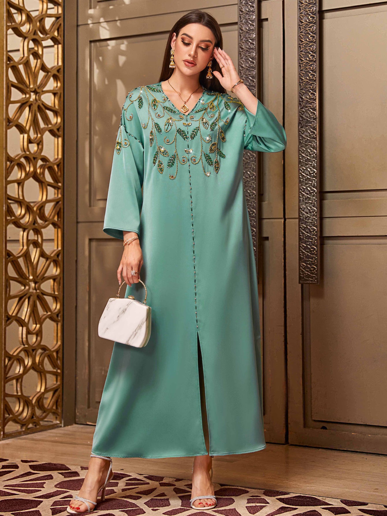 4047 Middle Eastern Style Turquoise Gold Embroidered Sequin 3/4 Sleeves Maxi Dress - Elegant Embellished Long Gown
