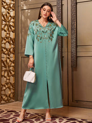 4047 Middle Eastern Style Turquoise Gold Embroidered Sequin 3/4 Sleeves Maxi Dress - Elegant Embellished Long Gown