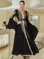BA3024 Black Chiffon Splicing Heavy Industry Embroidery Flared Sleeve Long Dress Arab Party Robe