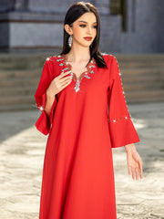 5202Scarlet Beaded Arabic Abaya Dress | V-Neck Bell Sleeves Evening Gown with Crystal Fringe & Embroidery